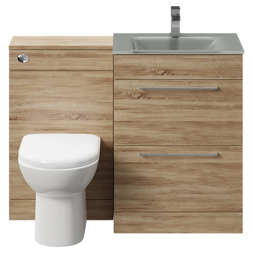 Venice Mono Bordalino Oak 1100mm Vanity Unit Toilet Suite with Grey Glass 1 Tap Hole Basin and 2 Drawers with Polished Chrome Handles Front View