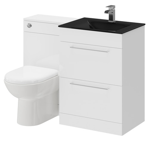 Venice Mono Gloss White 1100mm Vanity Unit Toilet Suite with Anthracite Glass 1 Tap Hole Basin and 2 Drawers with Polished Chrome Handles Right Hand Side View