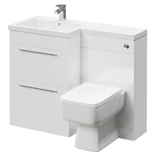 Napoli Combination Gloss White 1100mm Vanity Unit Toilet Suite with Left Hand L Shaped 1 Tap Hole Basin and 2 Drawers with Polished Chrome Handles Right Hand Side View