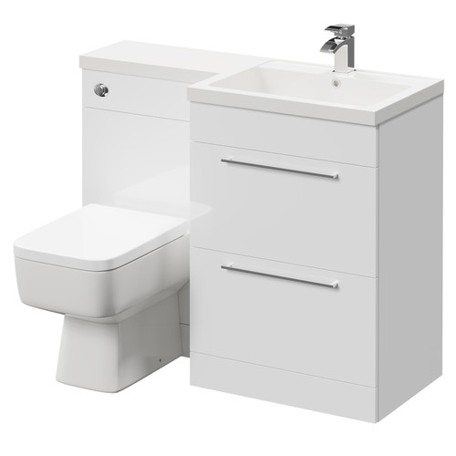 Napoli Combination Gloss White 1100mm Vanity Unit Toilet Suite with Right Hand L Shaped 1 Tap Hole Basin and 2 Drawers with Polished Chrome Handles Right Hand Side View