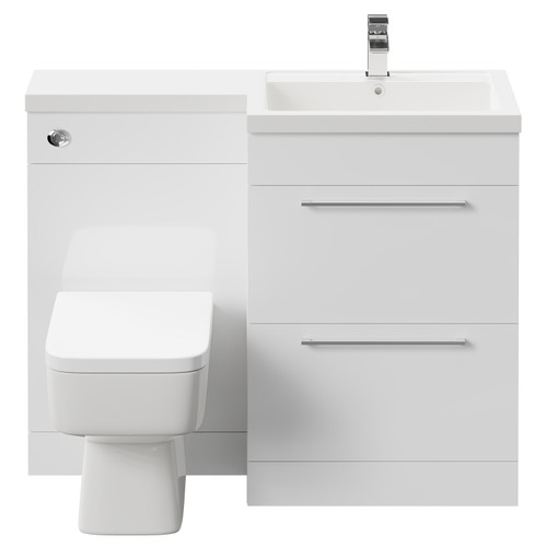 Napoli Combination Gloss White 1100mm Vanity Unit Toilet Suite with Right Hand L Shaped 1 Tap Hole Basin and 2 Drawers with Polished Chrome Handles Front View