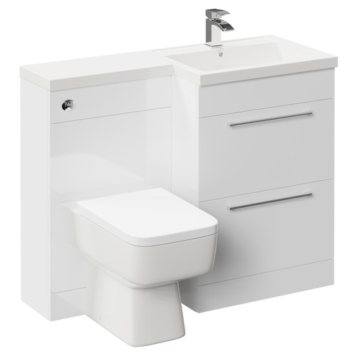 Napoli Combination Gloss White 1100mm Vanity Unit Toilet Suite with Right Hand L Shaped 1 Tap Hole Basin and 2 Drawers with Polished Chrome Handles Left Hand Side View