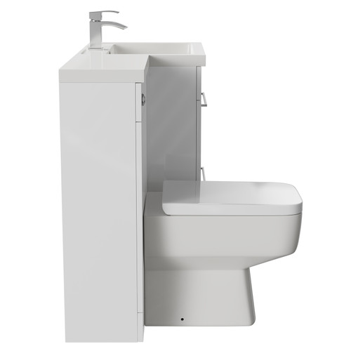Napoli Combination Gloss White 1100mm Vanity Unit Toilet Suite with Right Hand L Shaped 1 Tap Hole Basin and 2 Drawers with Polished Chrome Handles Side on View