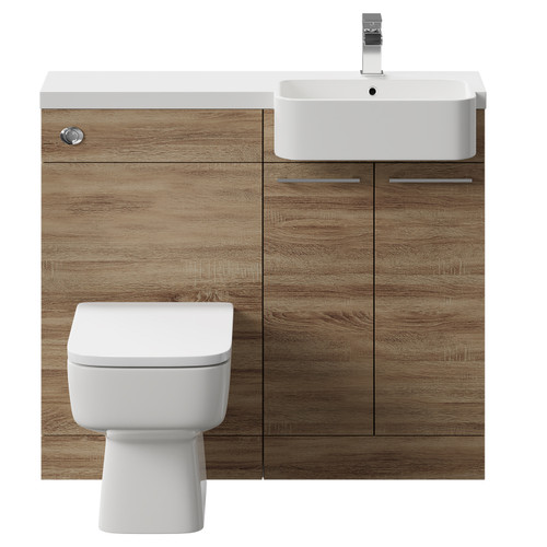 Napoli Combination Bordalino Oak 1000mm Vanity Unit Toilet Suite with Right Hand Round Semi Recessed 1 Tap Hole Basin and 2 Doors with Polished Chrome Handles Front View