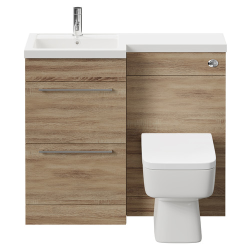 Napoli Combination Bordalino Oak 1000mm Vanity Unit Toilet Suite with Left Hand L Shaped 1 Tap Hole Basin and 2 Drawers with Polished Chrome Handles Front View