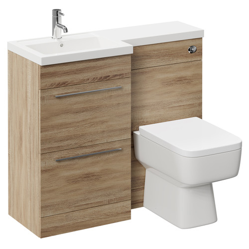 Napoli Combination Bordalino Oak 1000mm Vanity Unit Toilet Suite with Left Hand L Shaped 1 Tap Hole Basin and 2 Drawers with Polished Chrome Handles Left Hand Side View