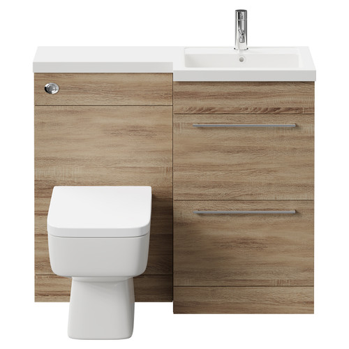 Napoli Combination Bordalino Oak 1000mm Vanity Unit Toilet Suite with Right Hand L Shaped 1 Tap Hole Basin and 2 Drawers with Polished Chrome Handles Front View