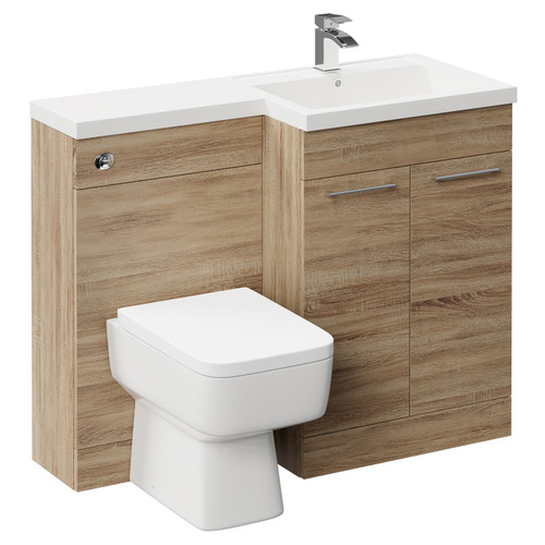 Napoli Combination Bordalino Oak 1100mm Vanity Unit Toilet Suite with Right Hand L Shaped 1 Tap Hole Basin and 2 Doors with Polished Chrome Handles Left Hand View