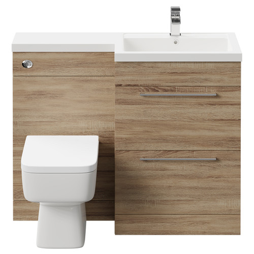 Napoli Combination Bordalino Oak 1100mm Vanity Unit Toilet Suite with Right Hand L Shaped 1 Tap Hole Basin and 2 Drawers with Polished Chrome Handles Front View