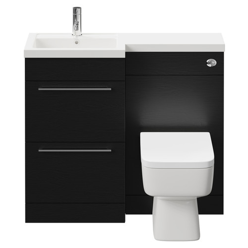 Napoli Combination Nero Oak 1000mm Vanity Unit Toilet Suite with Left Hand L Shaped 1 Tap Hole Basin and 2 Drawers with Polished Chrome Handles Front View