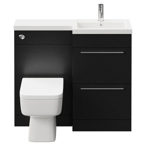 Napoli Combination Nero Oak 1000mm Vanity Unit Toilet Suite with Right Hand L Shaped 1 Tap Hole Basin and 2 Drawers with Polished Chrome Handles Front View
