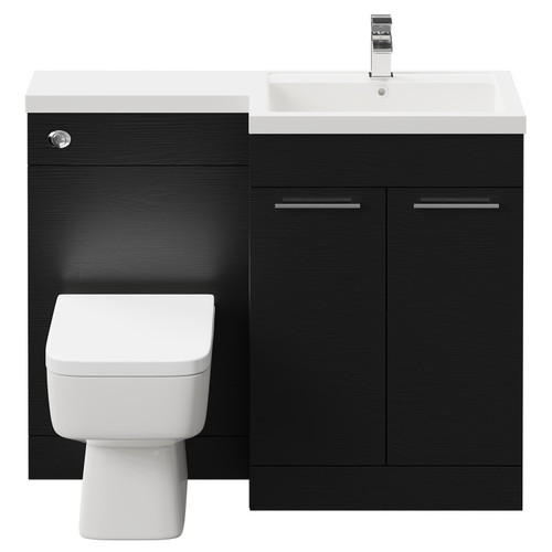 Napoli Combination Nero Oak 1100mm Vanity Unit Toilet Suite with Right Hand L Shaped 1 Tap Hole Basin and 2 Doors with Polished Chrome Handles Front View