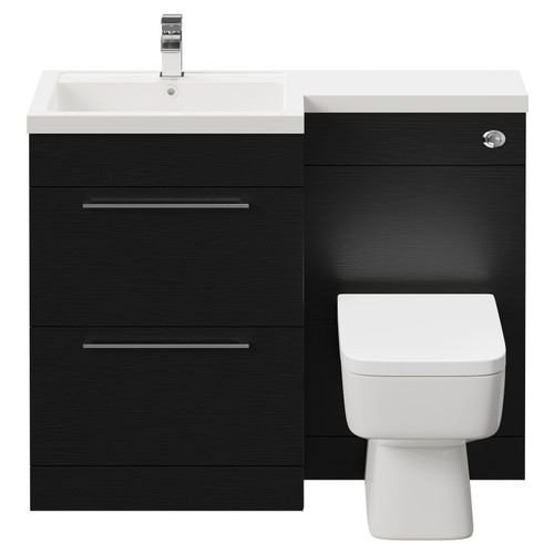 Napoli Combination Nero Oak 1100mm Vanity Unit Toilet Suite with Left Hand L Shaped 1 Tap Hole Basin and 2 Drawers with Polished Chrome Handles Front View