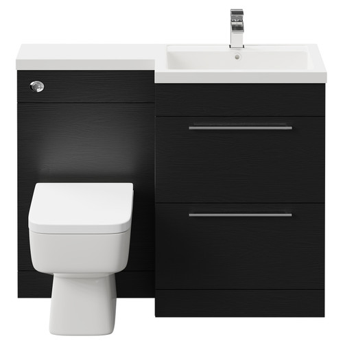 Napoli Combination Nero Oak 1100mm Vanity Unit Toilet Suite with Right Hand L Shaped 1 Tap Hole Basin and 2 Drawers with Polished Chrome Handles Front View