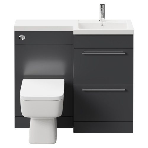 Napoli Combination Gloss Grey 1000mm Vanity Unit Toilet Suite with Right Hand L Shaped 1 Tap Hole Basin and 2 Drawers with Polished Chrome Handles Front View