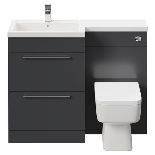 Napoli Combination Gloss Grey 1100mm Vanity Unit Toilet Suite with Left Hand L Shaped 1 Tap Hole Basin and 2 Drawers with Polished Chrome Handles Front View