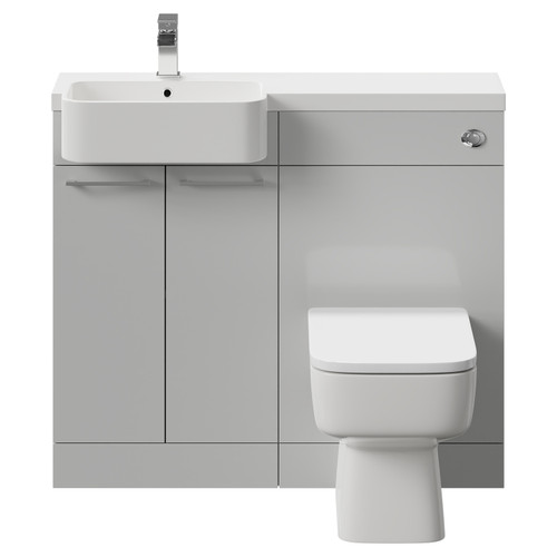 Napoli Combination Gloss Grey Pearl 1000mm Vanity Unit Toilet Suite with Left Hand Round Semi Recessed 1 Tap Hole Basin and 2 Doors with Polished Chrome Handles Front View