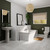 A modern bathroom suite including straight double ended bath, basin, pedestal and close coupled toilet