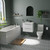 A modern bathroom suite including straight single ended bath, vanity unit and close coupled toilet