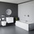 A modern bathroom suite including straight double ended bath, vanity unit and wall hung toilet