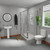 A modern bathroom suite including sliding door shower enclosure, rectangular tray, basin, pedestal and close coupled toilet