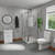 A modern bathroom suite including sliding door shower enclosure, rectangular tray, vanity unit and close coupled toilet