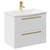 Napoli Gloss White 600mm Wall Mounted Vanity Unit with 1 Tap Hole Curved Basin and 2 Drawers with Brushed Brass Handles Left Hand View
