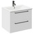 Napoli Gloss White 600mm Wall Mounted Vanity Unit with 1 Tap Hole Minimalist Basin and 2 Drawers with Gunmetal Grey Handles Left Hand View