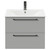 Napoli Gloss Grey Pearl 600mm Wall Mounted Vanity Unit with 1 Tap Hole Minimalist Basin and 2 Drawers with Gunmetal Grey Handles Front View