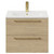 Napoli Light Oak 600mm Wall Mounted Vanity Unit with 1 Tap Hole Minimalist Basin and 2 Drawers with Brushed Brass Handles Front View