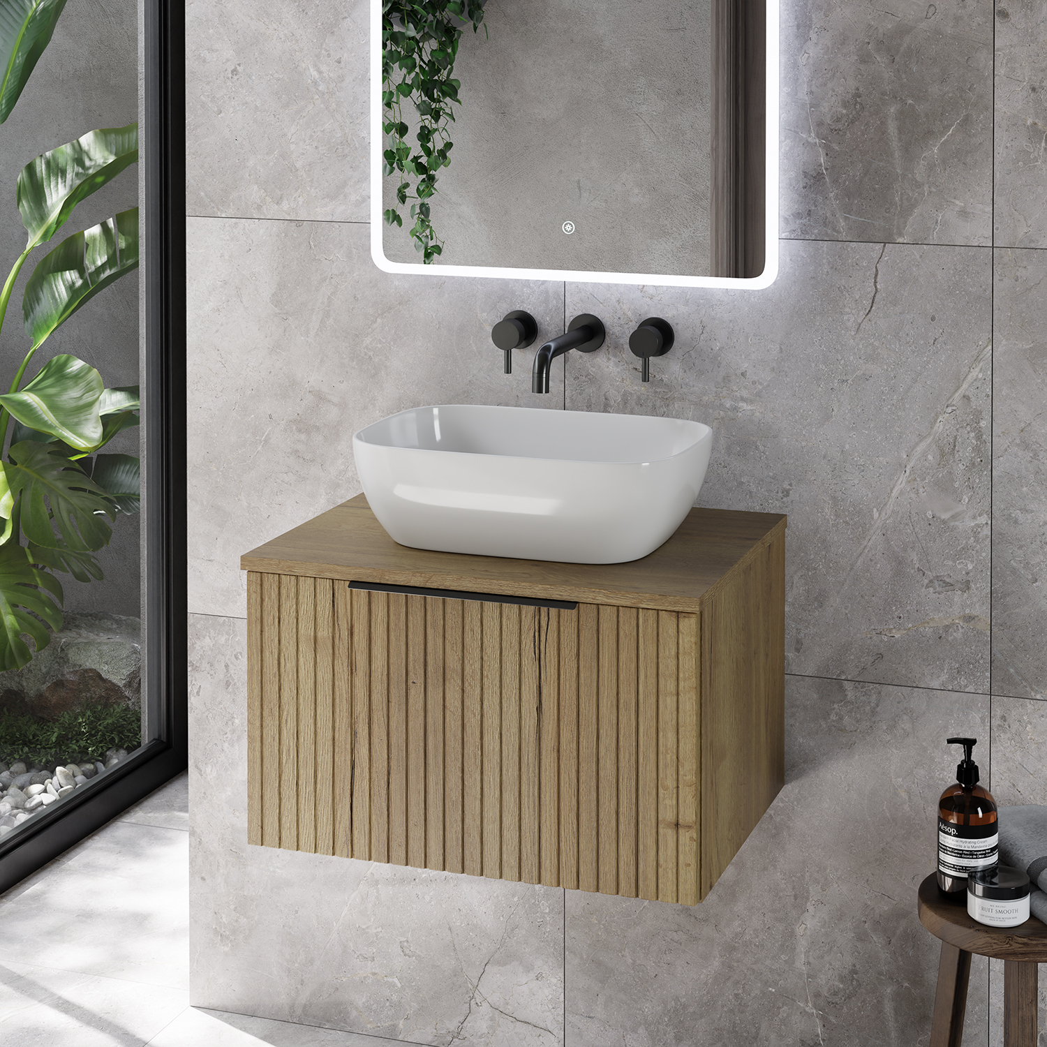 Helix 460 Fluted Wall Mounted 1 Drawer Vanity Unit for Countertop Basins