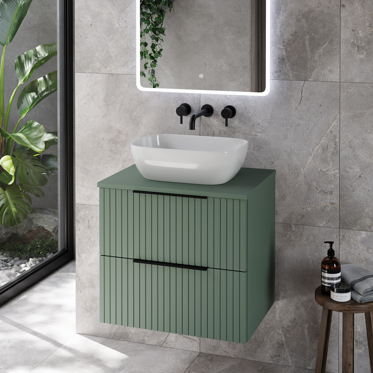 Helix 460 Fluted Wall Mounted 2 Drawer Vanity Unit for Countertop Basins