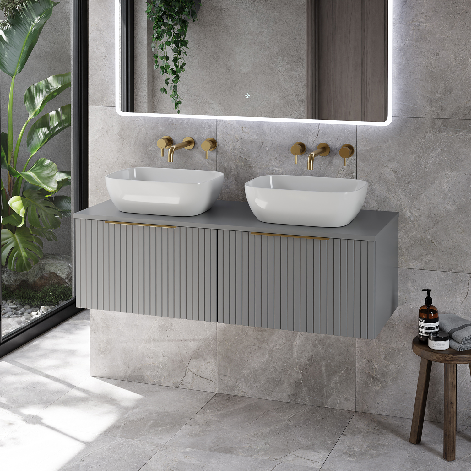Helix 460 Fluted Wall Mounted 2 Drawer Vanity Unit for Countertop Basins