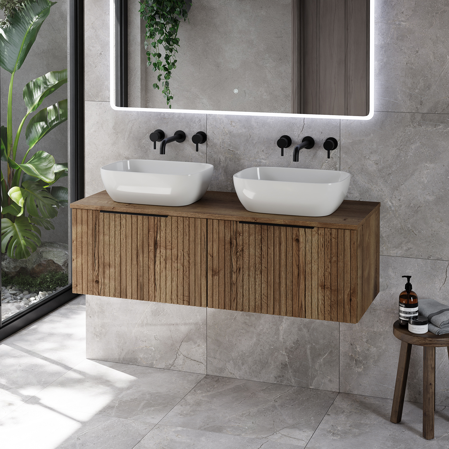 Helix 460 Fluted Wall Mounted 2 Drawer Vanity Unit for Countertop Basins