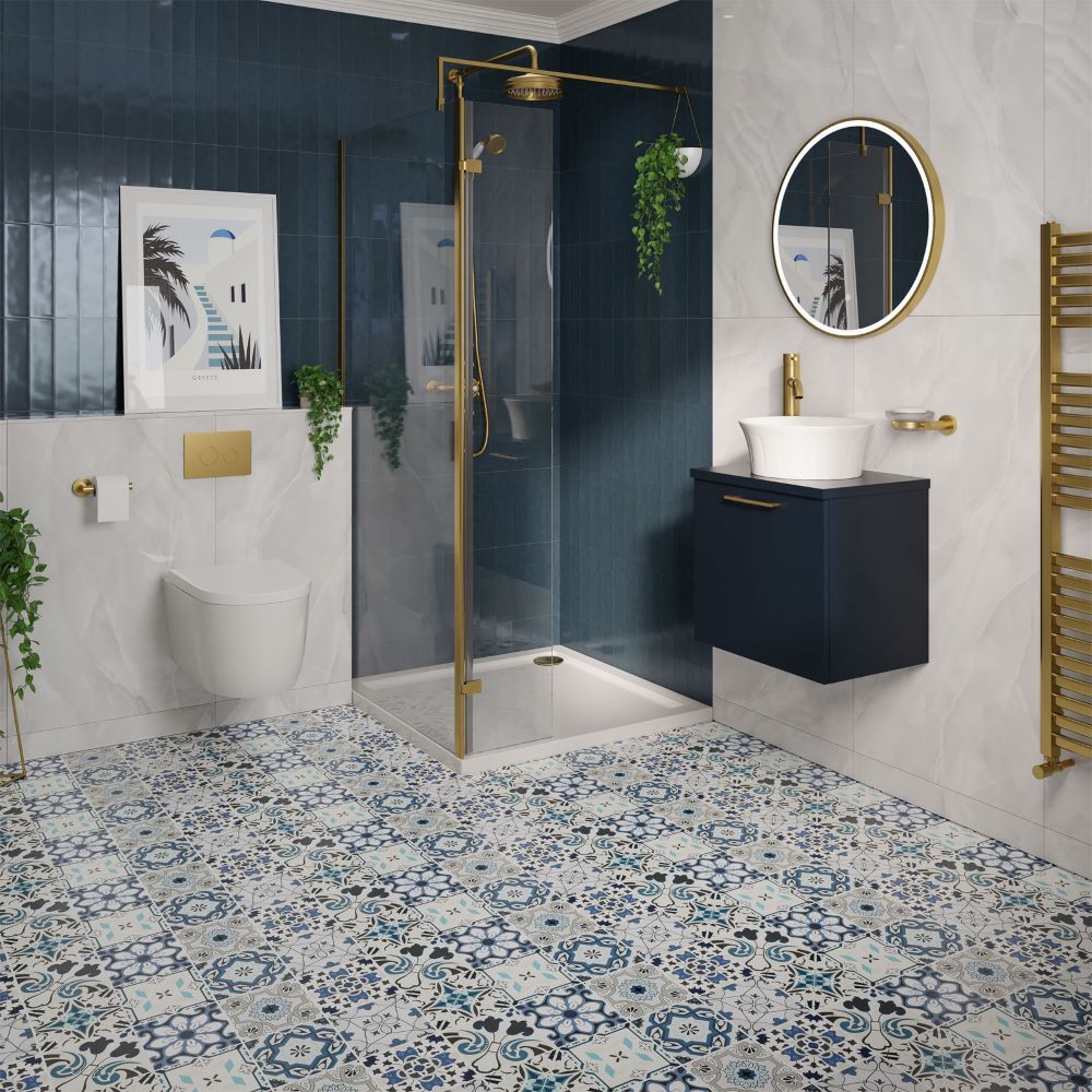Bathroom with patterned vinyl flooring
