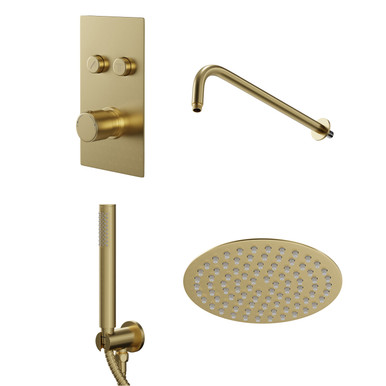Colore Brushed Brass Concealed Push Button Shower Valve Including Round Fixed Shower Head And Round Handset Outlet Holder With Kit | | Stainless Steel | 120Mm X 215Mm X 345Mm