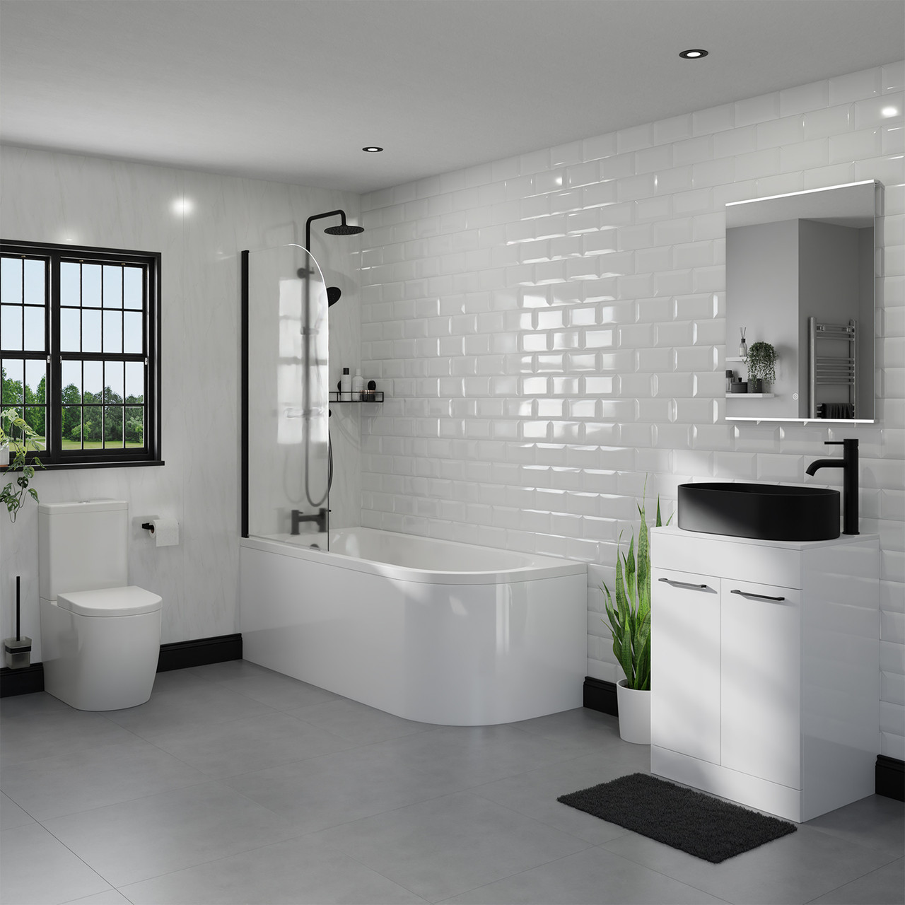 Encore Left Hand Curved Bathroom Suite including Countertop Basin and Gloss White Vanity Unit with Polished Chrome Handles