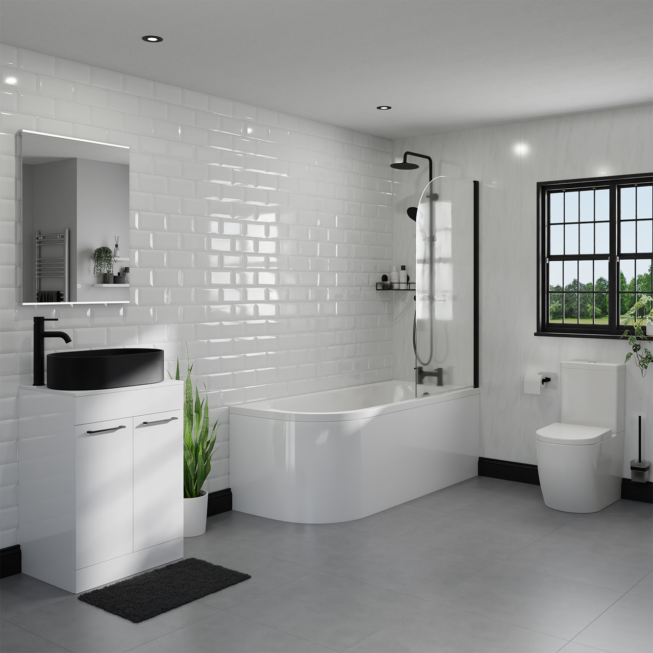 Encore Right Hand Curved Bathroom Suite including Countertop Basin and Gloss White Vanity Unit with Polished Chrome Handles