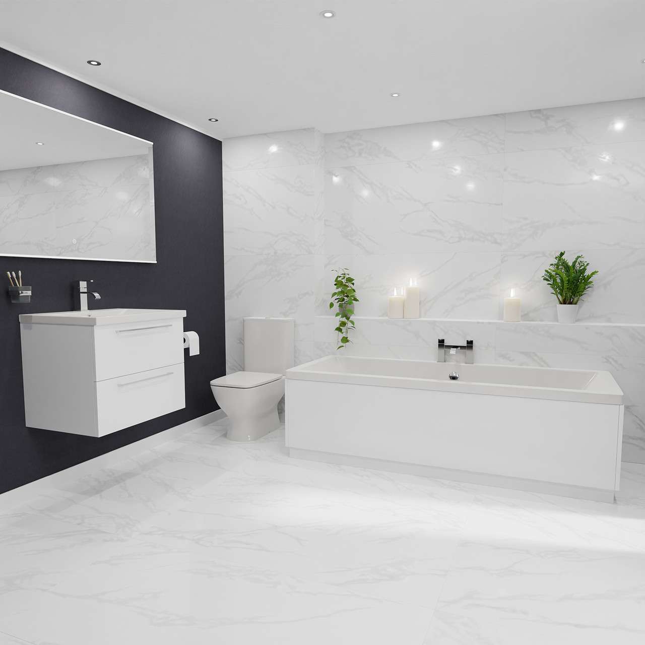 Camden Straight Double Ended Bathroom Suite including Vanity Unit with Polished Chrome Handles