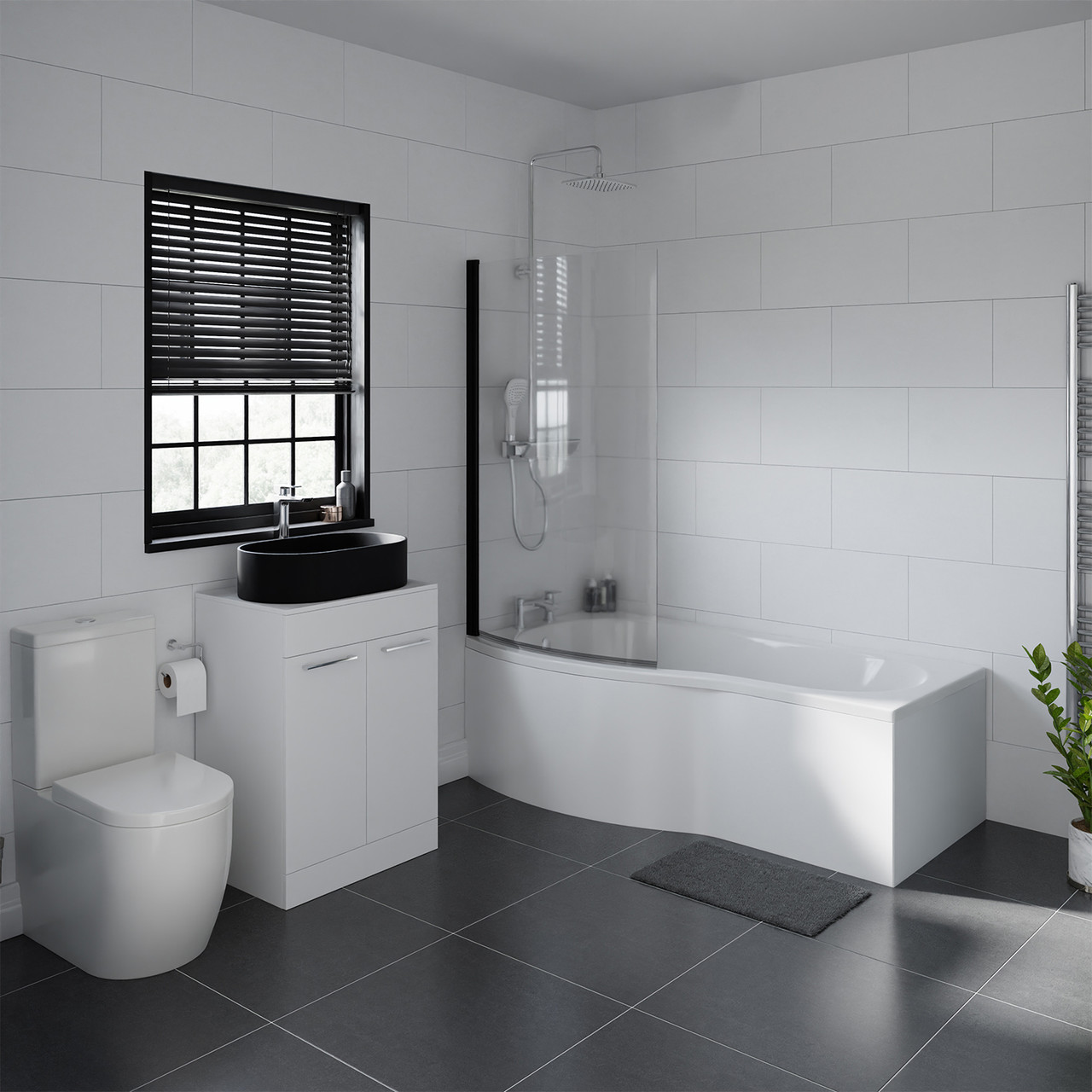 Aster Left Hand P Shaped Bathroom Suite including Countertop Basin and Gloss White Vanity Unit with Polished Chrome Handles
