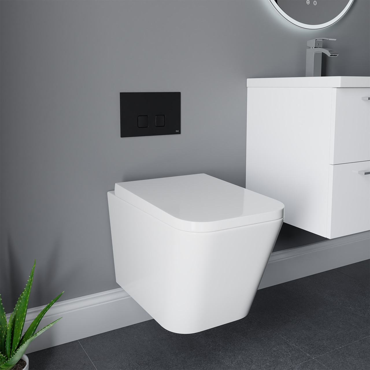 Devon Wall Hung Toilet with Soft Close Seat including Frame and Concealed Cistern with Black Soft Touch Flush Plate