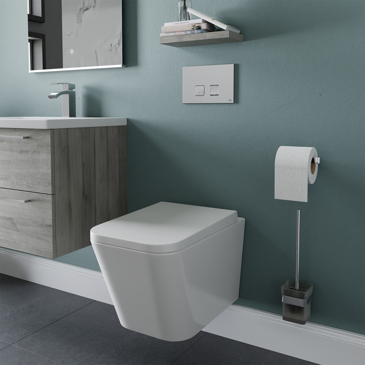 Portland Wall Hung Toilet with Soft Close Seat including Frame and Concealed Cistern with Satin Chrome Flush Plate