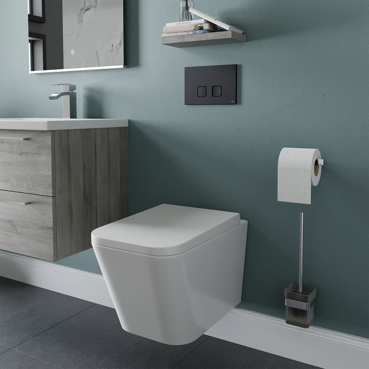 Portland Wall Hung Toilet with Soft Close Seat including Frame and Concealed Cistern with Black Soft Touch Flush Plate
