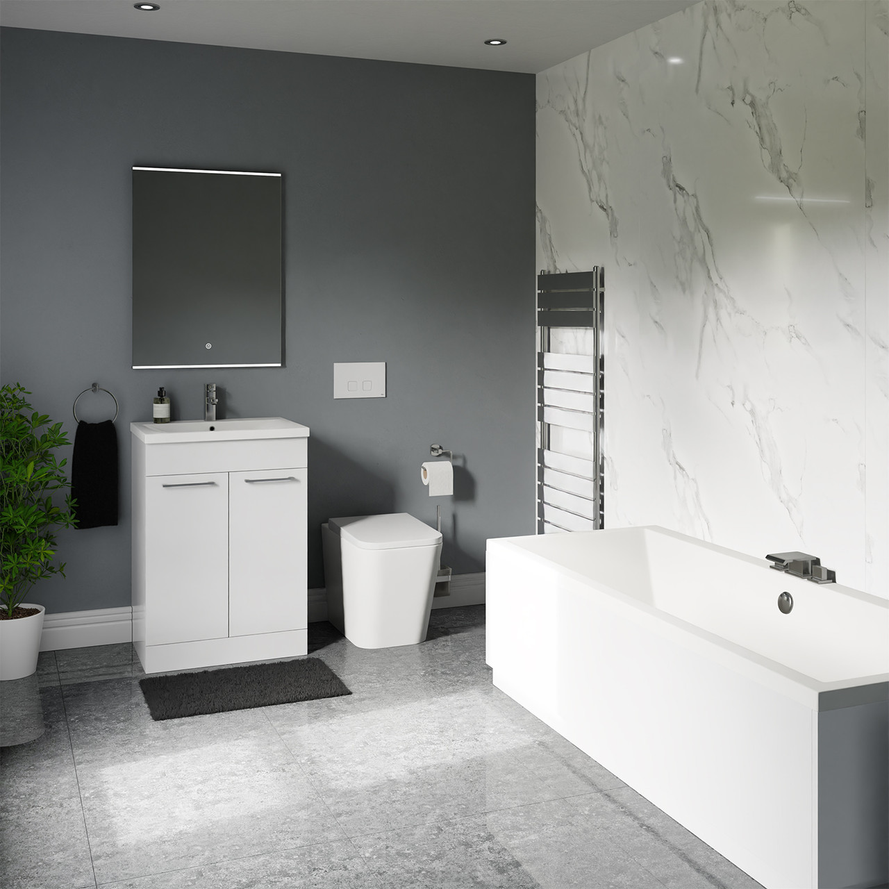 Camden Straight Double Ended Bathroom Suite including White High Button Back to Wall Toilet and Vanity Unit