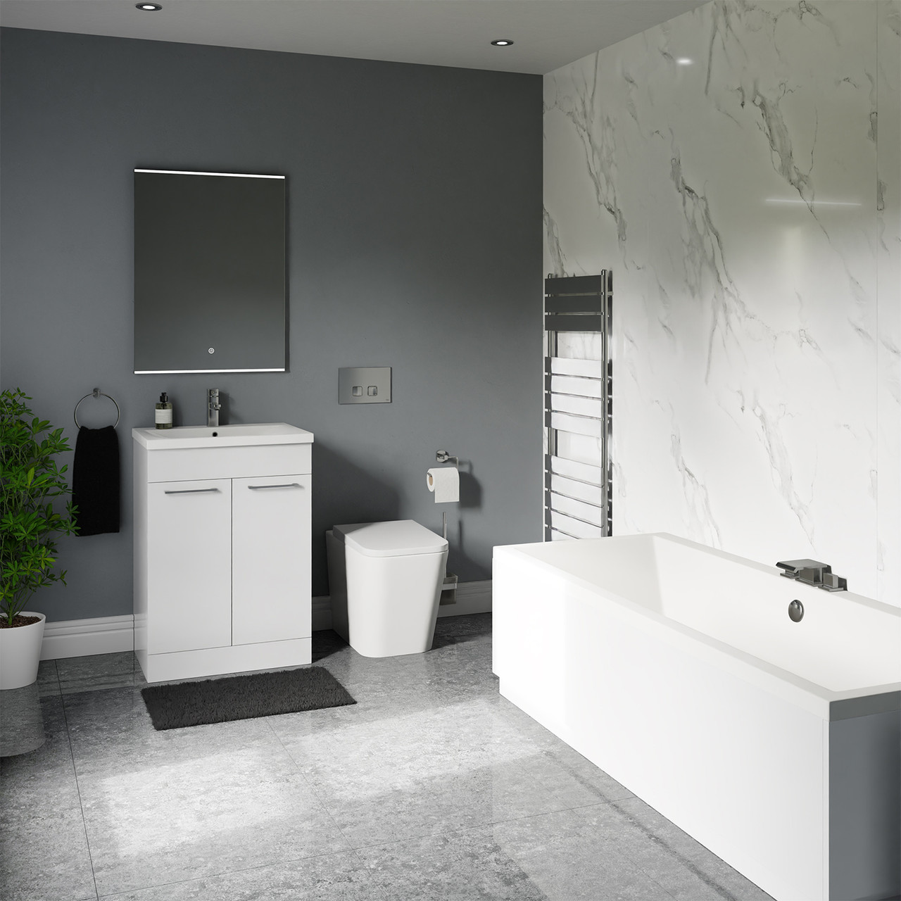 Camden Straight Double Ended Bathroom Suite including Polished Chrome High Button Back to Wall Toilet and Vanity Unit