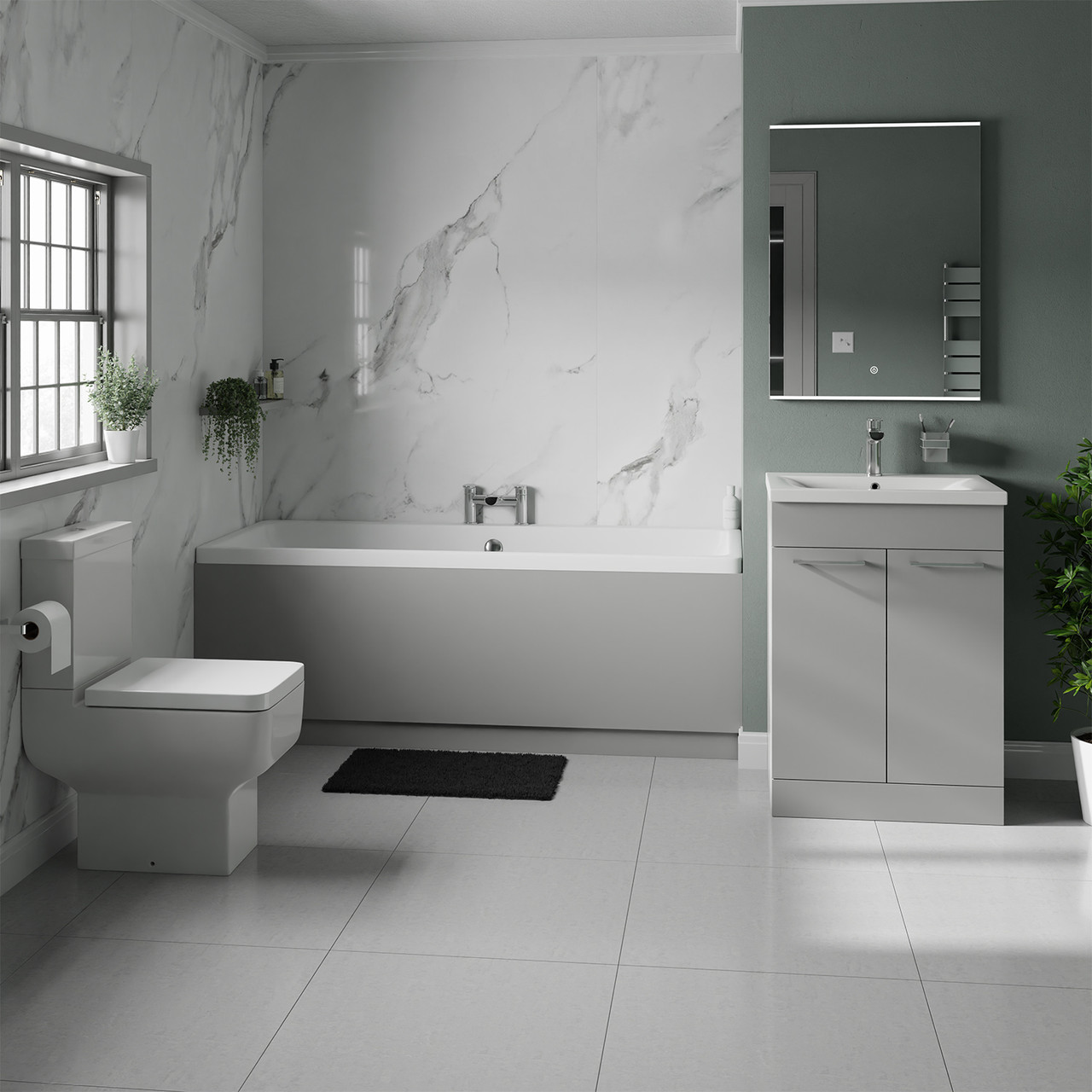 Denton Slim Edge Straight Double Ended Bathroom Suite including Vanity Unit with Polished Chrome Handles