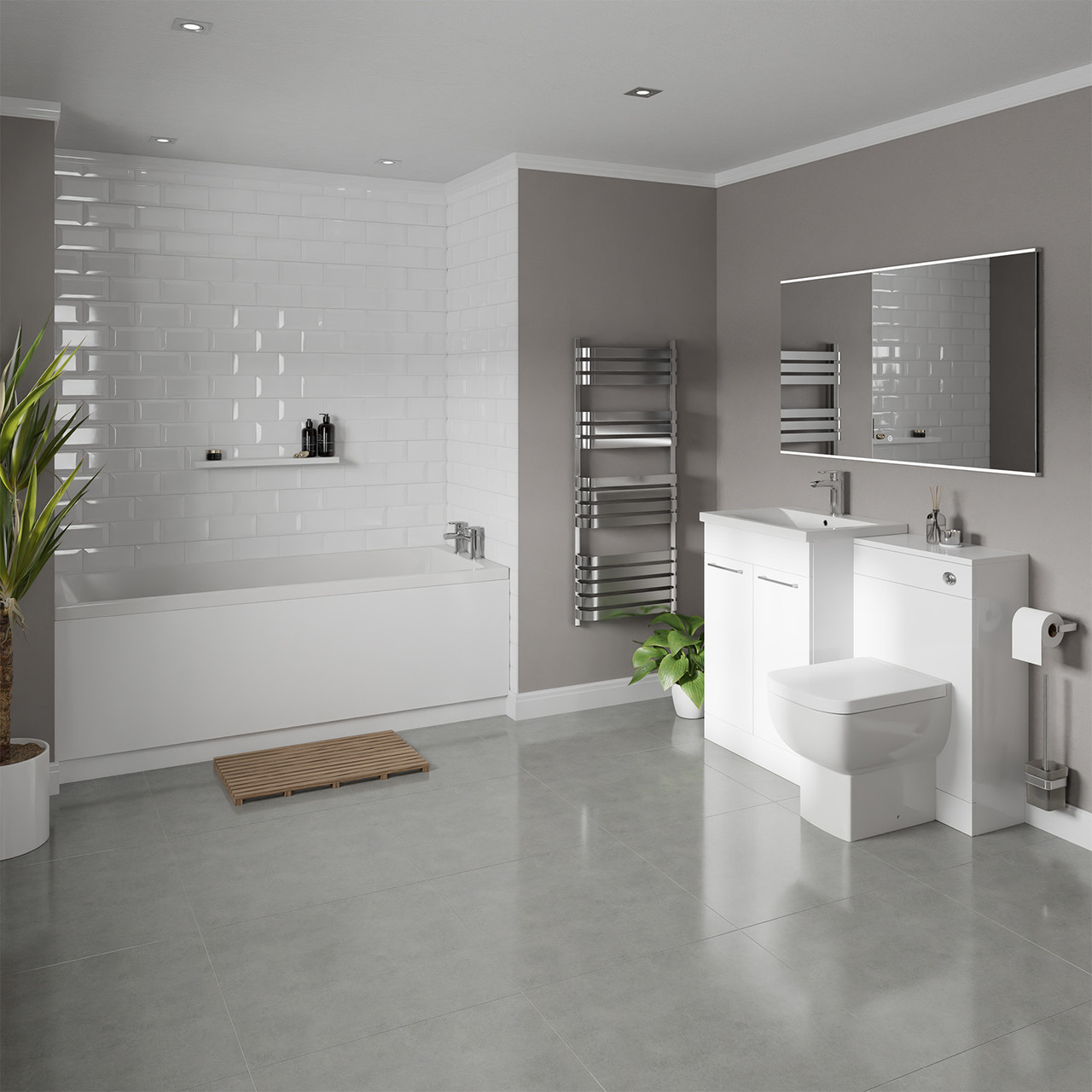 Denton Slim Edge Straight Single Ended Bathroom Suite including Furniture Set with Polished Chrome Handles