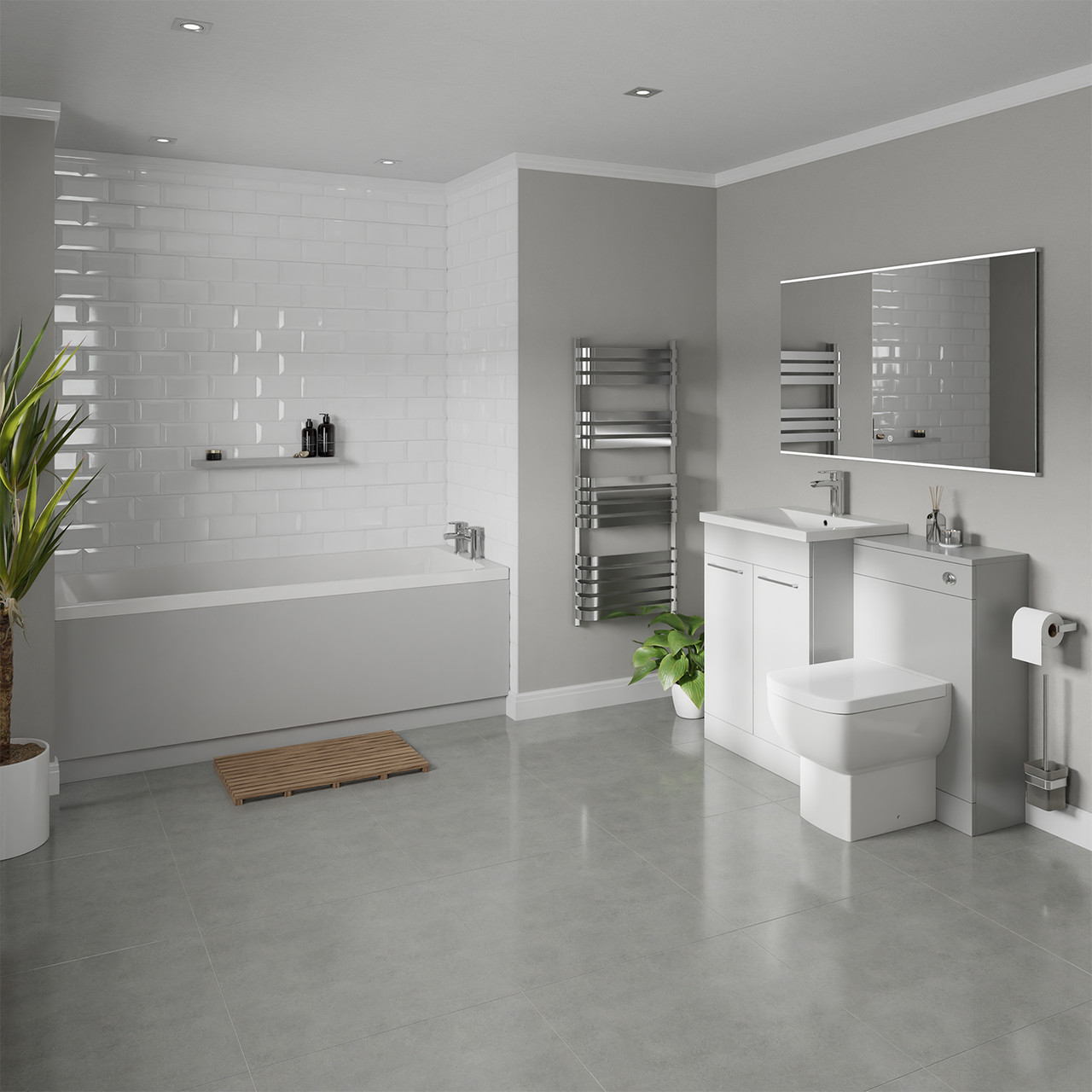 Denton Slim Edge Straight Single Ended Bathroom Suite including Furniture Set with Polished Chrome Handles