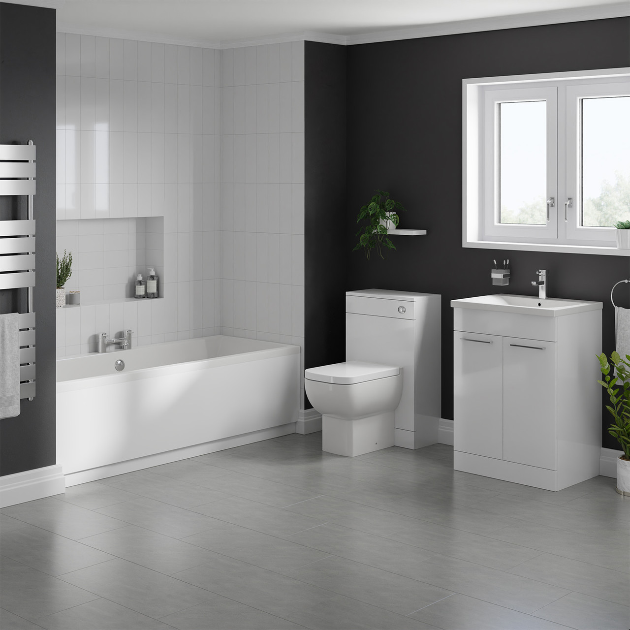 Denton Slim Edge Straight Double Ended Bathroom Suite including Furniture Set with Polished Chrome Handles