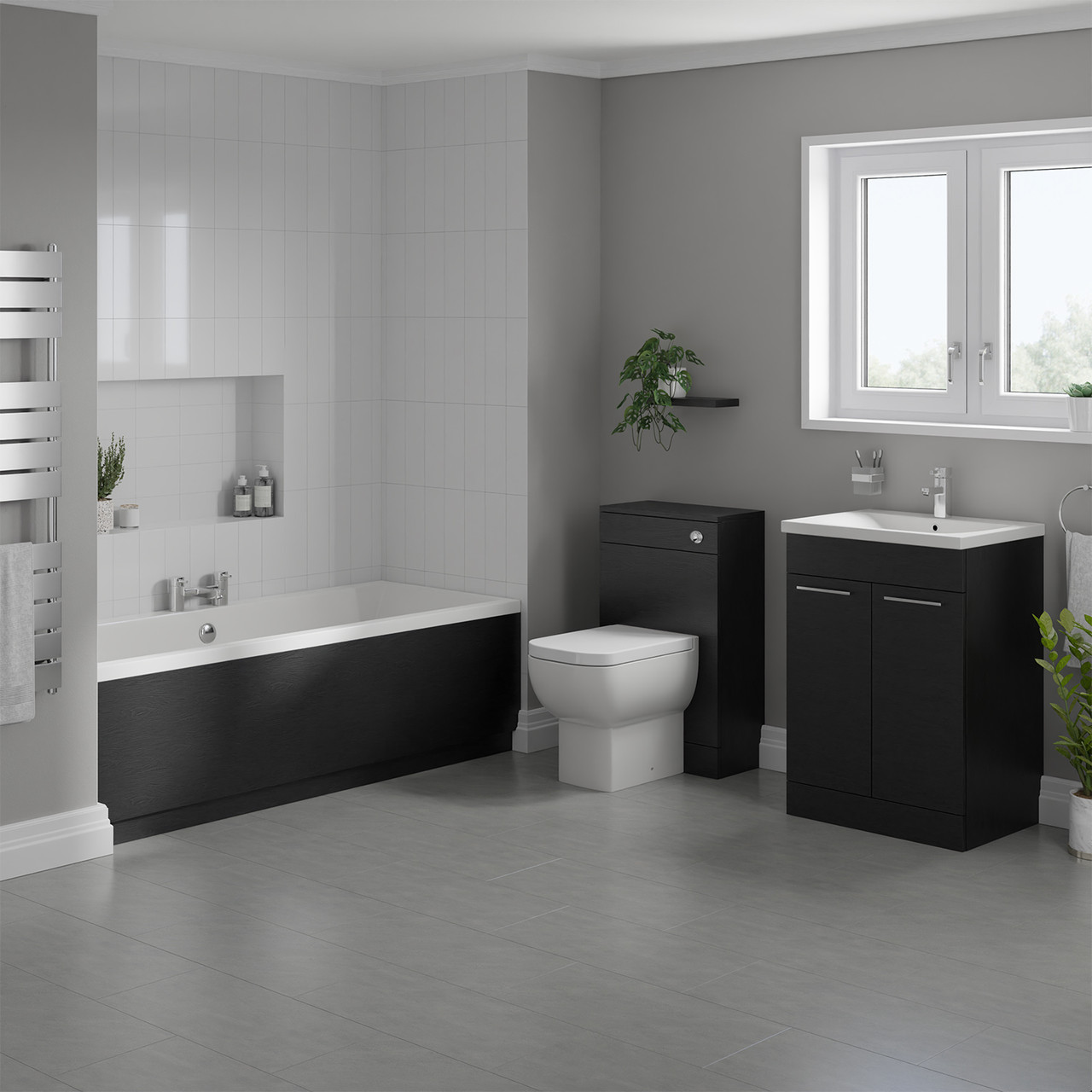 Denton Slim Edge Straight Double Ended Bathroom Suite including Furniture Set with Polished Chrome Handles